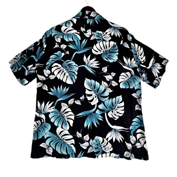 Vintage Hilo Hattie Hawaiian Black Teal Blue Floral Button-Up Shirt Mens Large - Picture 2 of 11